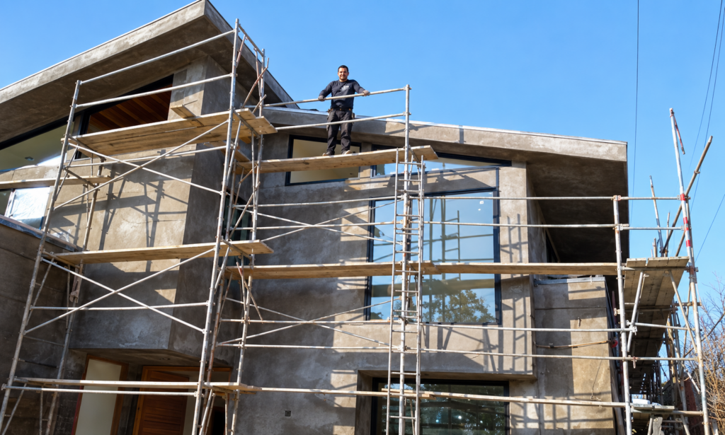 Plastering crew preparing exterior walls from scaffolding